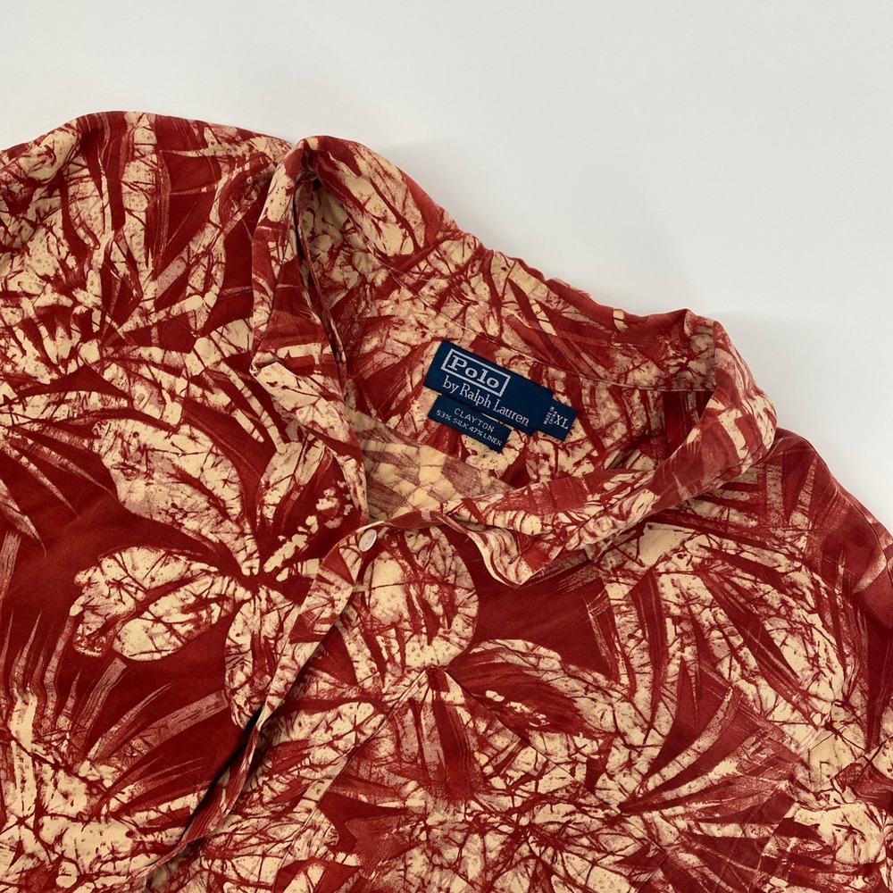 Polo Ralph Lauren Clayton Shirt Mens XL Red Silk‎ Linen Tropical Palm Batik Camp